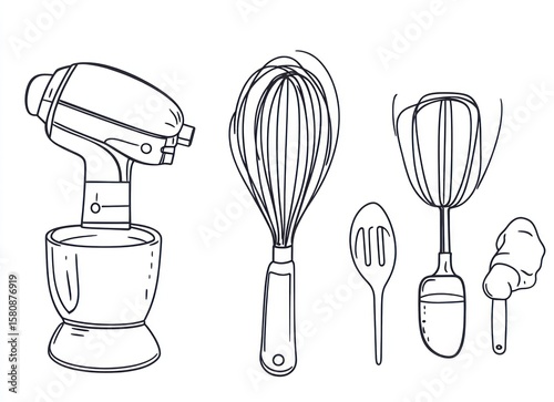 Line art illustration of kitchen appliances.  Simple, hand-drawn style
