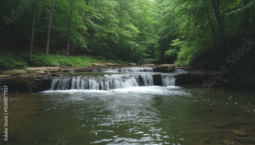 Cascading waterfall in a lush forest