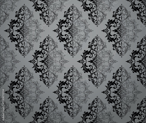 Wallpaper in the style of Baroque. Gray and black floral ornament. Seamless vector background. Graphic pattern for fabric, wallpaper, packaging. Ornate Damask flower illustration