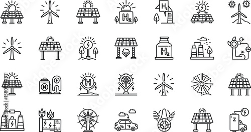 Renewable energy and low emission sustainable power system line icon set including solar, wind, hydrogen and EV charging. Clean energy generation and grid infrastructure vector