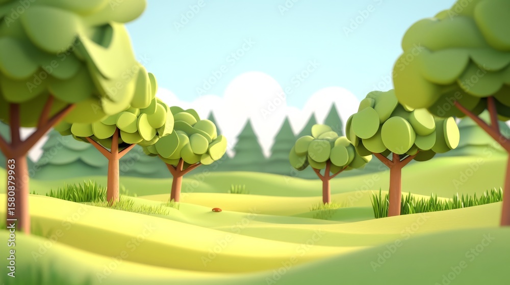 Fototapeta premium Vector cartoon landscape of a summer field with trees, green grass, and a blue sky with clouds