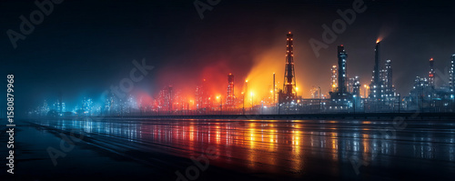 Industrial refinery at night with bright lights and colorful reflections on wet surface creating dramatic atmosphere
