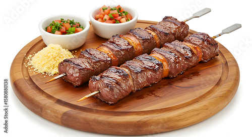 Wallpaper Mural Espetinho de carne (beef skewer) grilled and juicy, served on a round wooden dish with farofa and vinaigrette in small cups. Isolated on a white background Torontodigital.ca