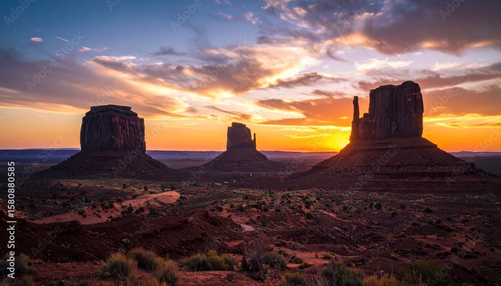 Monument Valley's Majestic Buttes Embraced by the Vibrant Colors of Sunset Monument Valley's Majestic Buttes Embraced by the Vibrant Colors of Sunset
