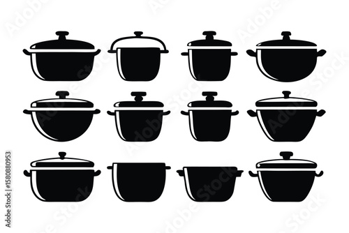 A collection of twelve black and white silhouette icons representing various cooking pots and pans with lids and handles arranged in three rows