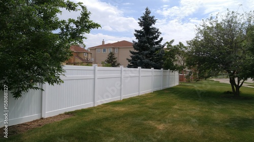 Wallpaper Mural A serene suburban backyard with a tall white vinyl fence, lush green grass, and vibrant trees under a blue sky. Torontodigital.ca