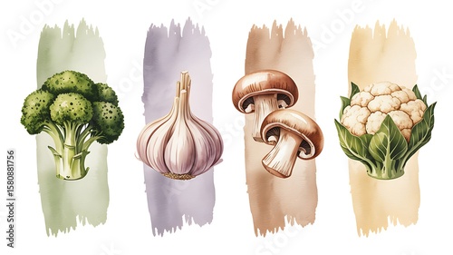 Broccoli garlic mushrooms cauliflower watercolor vegetables