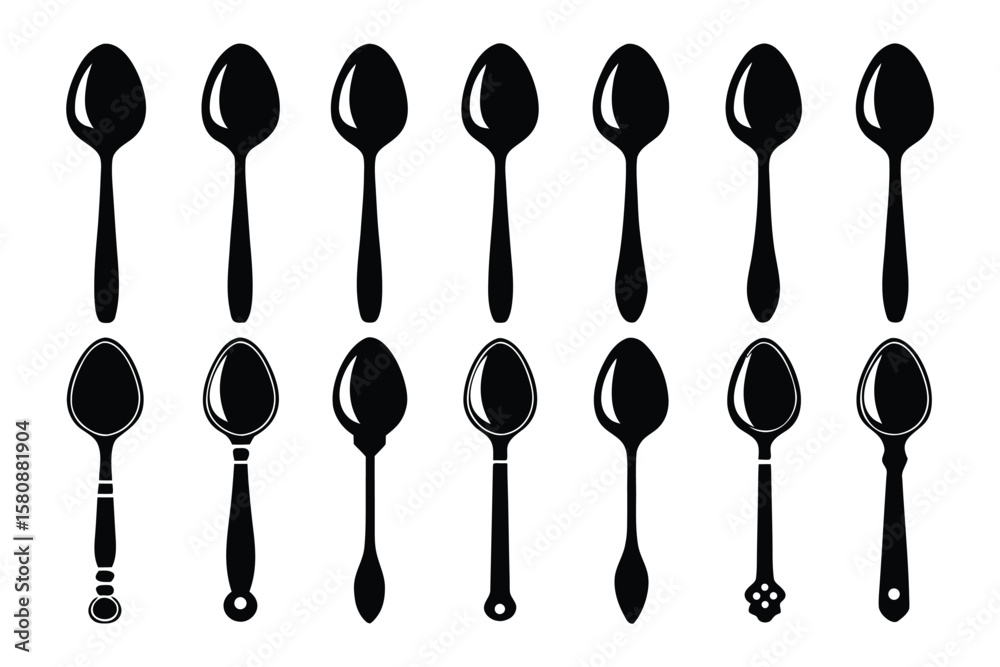 A collection of twelve black silhouette spoons with varying handle designs and bowl shapes on a white background A collection of twelve black silhouette spoons with varying handle designs and bowl shapes on a white background