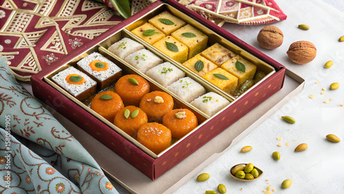 Assorted Indian Mithai in Decorative Gift Box with Nuts and Festive Garnish – Traditional Sweets for Celebration and Diwali Stock Photography