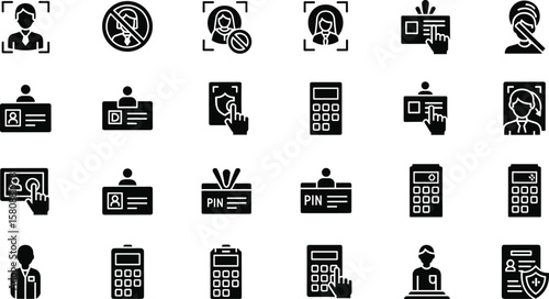 Security access clearance glyph icon set. Vector pictograms of recognition, restriction, biometric, authentication, id card, pin, keypad, permission