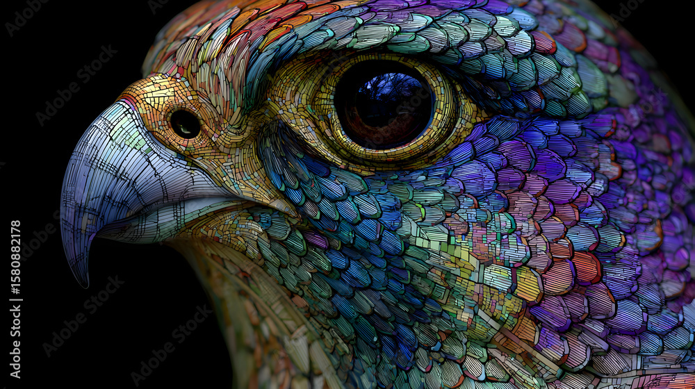 Obraz premium Vivid hawk portrait showcasing intricate details and vibrant colors in a close-up view