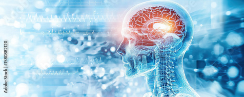 Digital illustration of human head with transparent skull, showcasing brain and neural connections, surrounded by abstract
