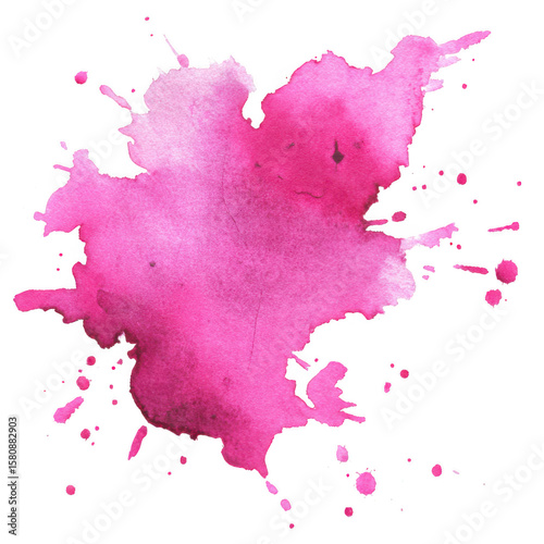 Vibrant pink watercolor splash with droplets isolated on transparent background