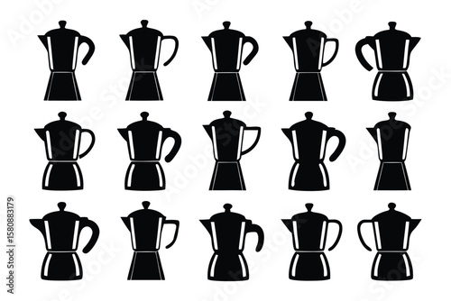A collection of black silhouette icons representing moka pots essential for brewing rich espresso coffee at home