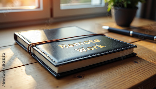 Wallpaper Mural Notebook with the words 'Remote Work' and a pen beside it on wooden table   Torontodigital.ca