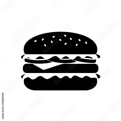 A black and white illustrative depiction of a delicious double-decker hamburger.