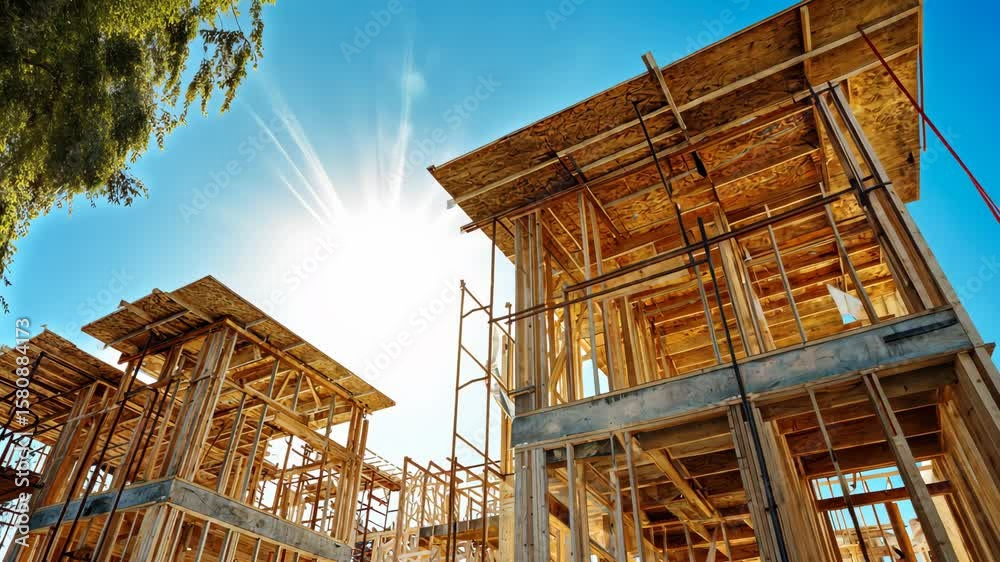 Construction site with wooden frames under a bright blue sky. Sunlight shines on the structures, highlighting the scaffolding and building materials.