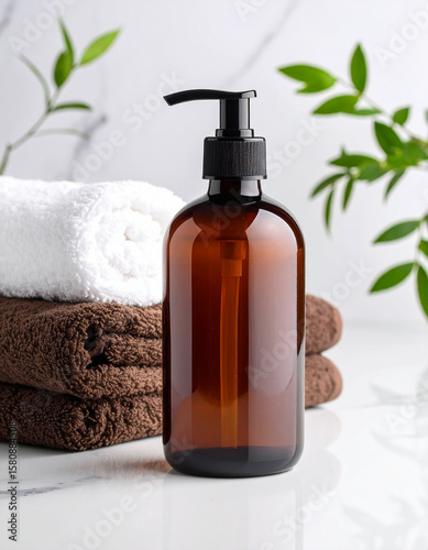 Amber Soap Bottle with Rolled Towels on Marble.cosmetic, spa, wellness, health, bathe, care, soap, towel, beauty, bottle, elegant, label, liquid, massage, medicine, oil, presentation, product, pump, 