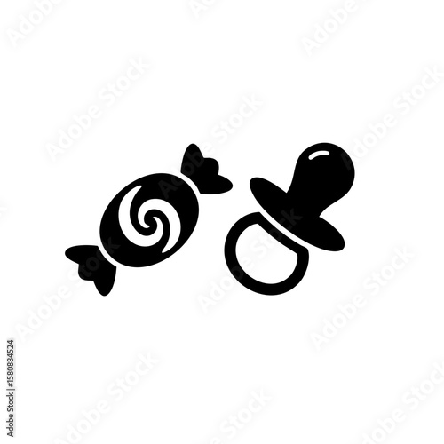 A simple illustration of a wrapped candy and pacifier, featuring a playful and appealing visual design.