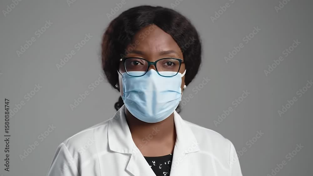 Medical Professional in White Coat and Blue Surgical Mask on Gray Background Confident African American Doctor Wearing Eyeglasses Healthcare Portrait Medical Professional in White Coat and Blue Surgical Mask on Gray Background Confident African American Doctor Wearing Eyeglasses Healthcare Portrait