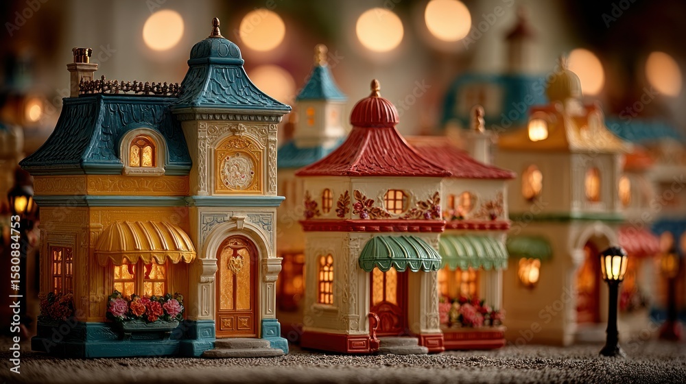 Fototapeta premium Miniature, brightly lit, charming houses in a festive display