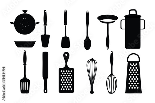 A collection of black silhouette kitchen utensils including a colander a spatula a ladle a pot a whisk and a grater