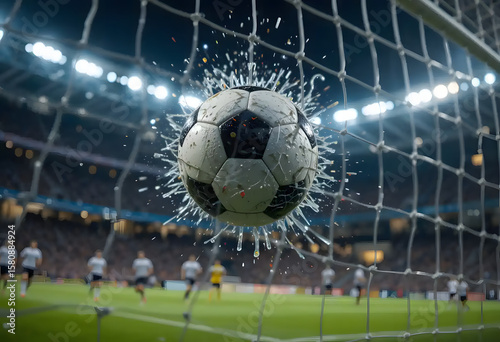 A black and white soccer ball rests in the stadium goal net on a green grass field, symbolizing the thrill of the game and competition