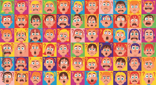 Grid of cartoon faces expressing shock, surprise, and confusion, each with a question mark above their heads, set against colorful backgrounds.