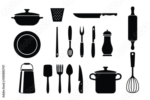 A collection of black silhouette icons representing various essential kitchen utensils and cookware items for cooking and food preparation
