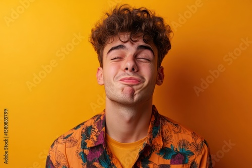 Man pulling silly face on colorful backdrop