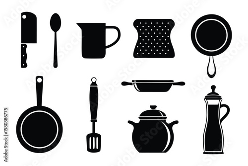 A collection of black silhouettes of various kitchen utensils and cookware items on a white background