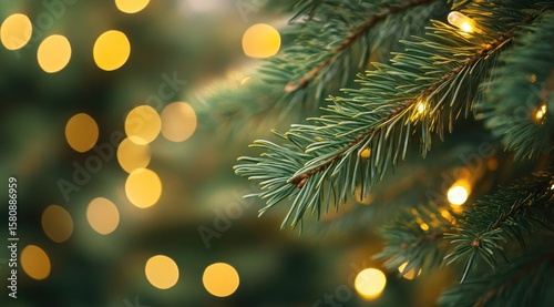 Close-up Christmas tree branch with warm lights