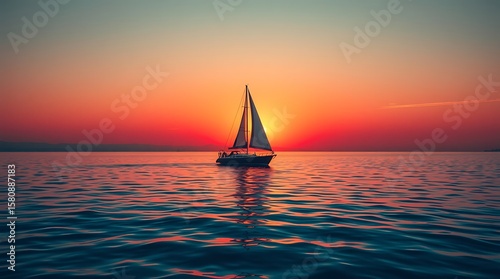 A sailboat sailing on the ocean during a vibrant sunset with a clear sky and reflective water surface