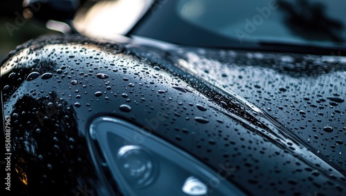 Close-up of a wet, black car hood.  Water droplets cling to the smooth surface