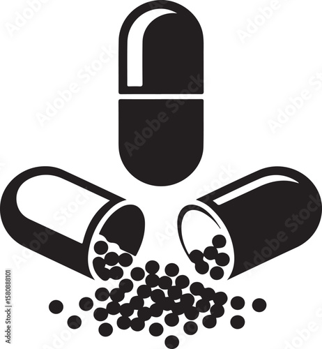 Black capsule spilling small round pills medicine health