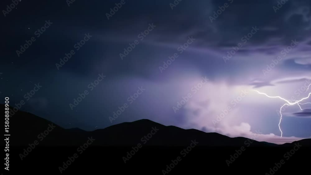 Lightning strikes over mountains at night landscape scene