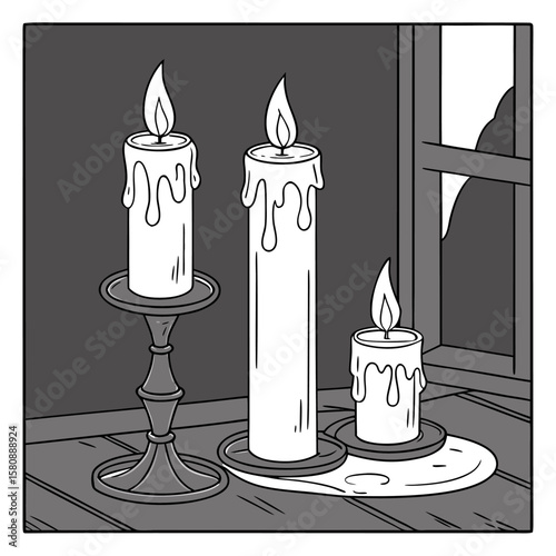 Three lit white candles with dripping wax sit on a wooden surface near a window in a dimly lit room creating a vintage atmosphere