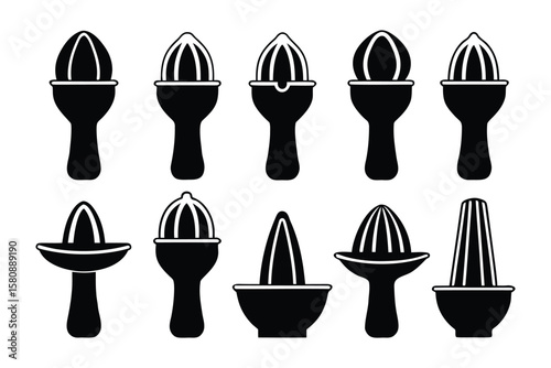 A collection of black silhouette icons depicting various citrus juicers and reamers for manual fruit extraction
