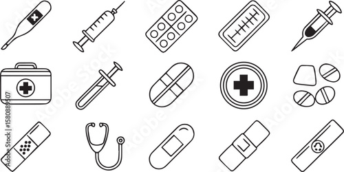 Stethoscope, Pills, and First Aid Icons