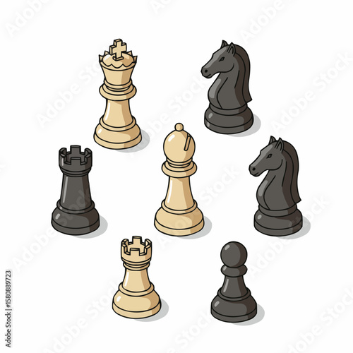 Black chess pieces arranged on a white background in a strategic game setting