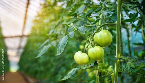 green tomato growing on the vine in a greenhouse