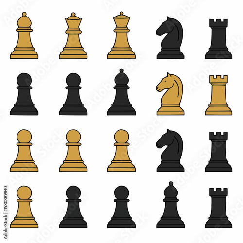 Minimalist Black and Gold Chess Piece Line Icons
