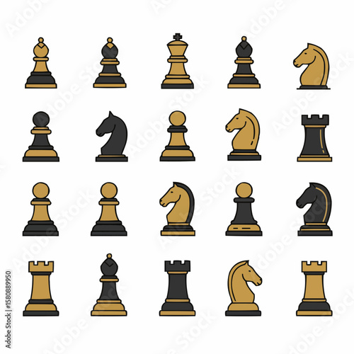 Minimalist Black and Gold Chess Pieces Vector Icons