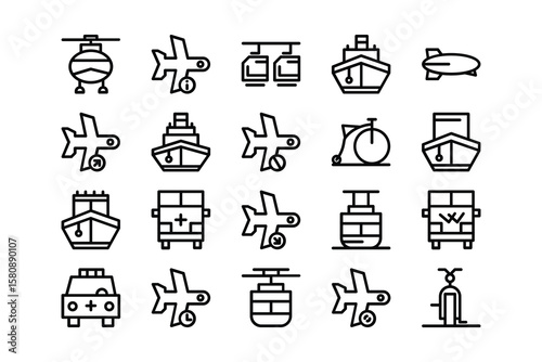 Commercial Vehicles Line Icon Set Vector Pictograms of Container Pallet Forklift Plane Drone Helicopter Ship Train Cargo Truck Warehouse Thin Linear Illustrations