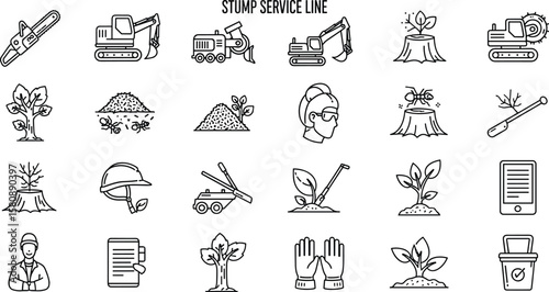 Stump service line icon set. Vector pictograms of chainsaw, excavator, grinder, mulch, ant decomposition, helmet, gloves, planter, thin 