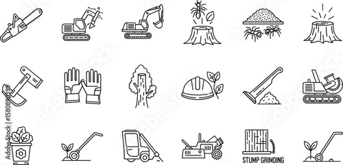 Stump service line icon set. Vector pictograms of chainsaw, excavator, grinder, mulch, ant decomposition, helmet, gloves, planter, thin 