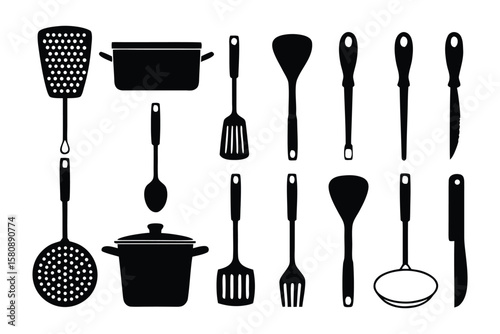 A collection of black silhouette kitchen utensils and pots including spatulas ladles skimmers and knives on a white background