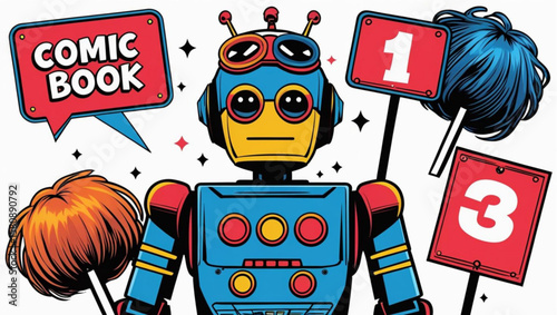 Retro Robot Holding Signs and Wigs