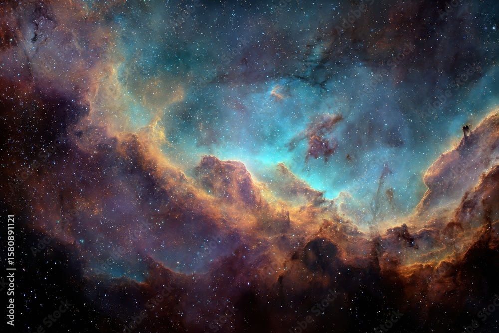 Fototapeta premium Cosmic tapestry. Vibrant nebula clouds. Orange, blue, purple, and black celestial dust