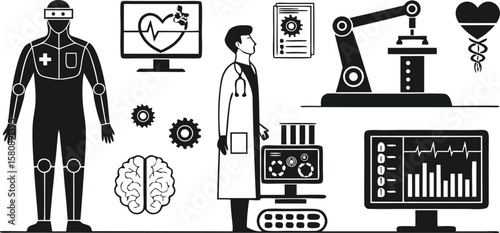 AI Healthcare Black Silhouette Icons